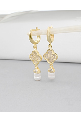 Brezza Lusso Jewelry 18k Serie Oro Sallantılı Hakiki İncili Yonca Gümüş Küpe
