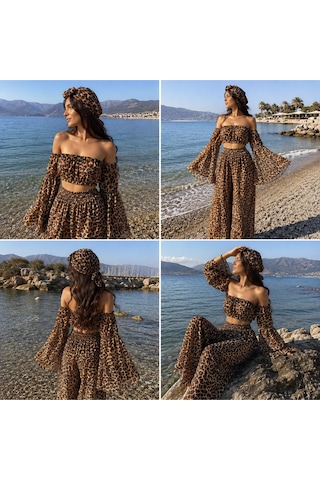 Na Addesıgn Leopar Desenli Şifon 3 Lü Plaj Takımı İspanyol Kol Crop Set Leopar