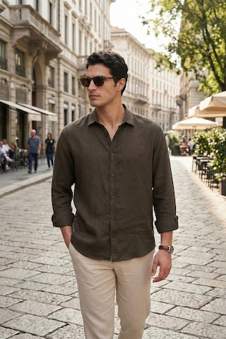 Buratti Pamuklu Regular Fit Klasik Yaka Uzun Kollu % 100 Keten Gömlek Erkek GÖMLEK CF26S1210000 Kahve