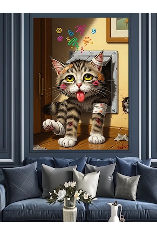 Ahşap Tablo Kapıdan Çıkan Komik Dil Çıkaran Kedi Hayvan Tabloları