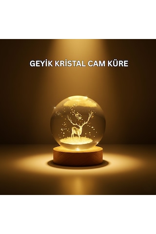 Usb Bağlantılı Geyik Temalı Kristal Küre Premium Masa Gece Lambası Açık Renk Ahşap