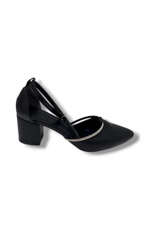 Mergenshoes T011 Siyah Taşlı 5 Cm Kalın Topuk Kadın Ayakkabı