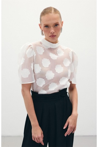 Sateen Organze Kısa Kol Bluz - Ekru-136321 Ekru