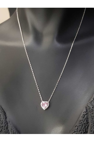 Swarovski Pembe Kalp Taşlı S Model Gümüş Kolye