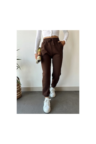 Gugus Trend Kadın Kışlık Kalın İçi Polarlı Yüksek Bel Paçası Lastikli Basic Jogger Eşofman Altı Kahverengi