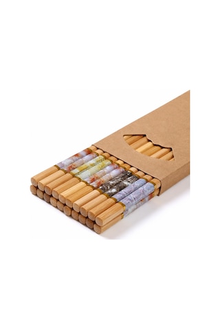 Valkyrie 10 Çift Mermer Desenli Bambu Yemek Çubuğu Seti 20 Adet Kaymaz Uçlu Kutulu Chopstick Ahşap
