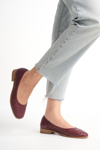 Analin Shoes Kadın Hakiki Deri Örgü Detaylı Babet Bordo