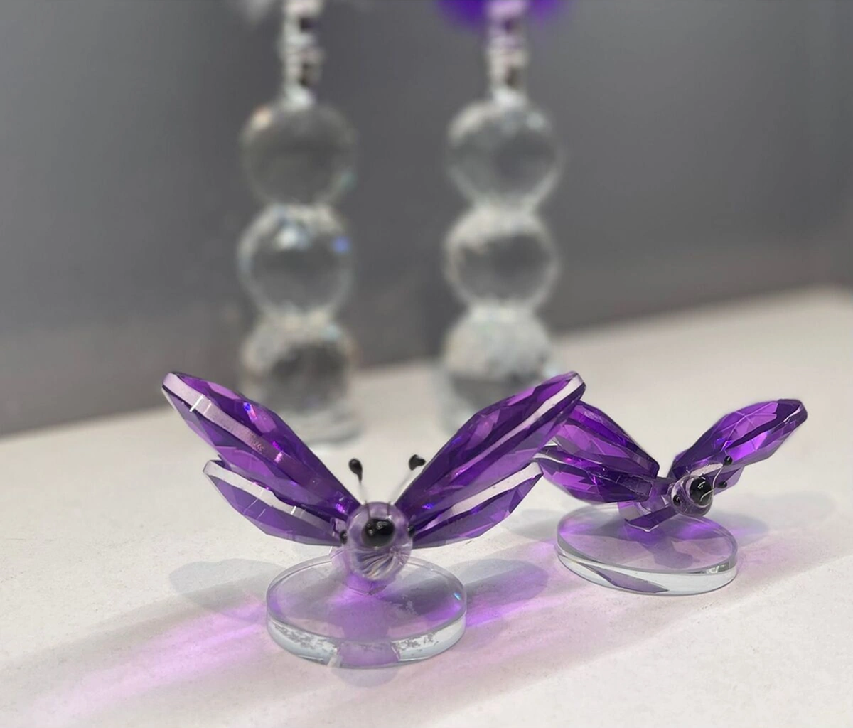 Dekoratif Kristal Cam Ikili Kelebek Biblo Mor .