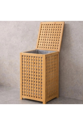 Kalın Ahşap Bambu Kirli Çamaşır Sepeti Kumaş Çantalı Sepet 40x40x58cm Bx40 Çok Renkli
