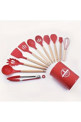 Tilbe Home 12'li Silikon Kevgir Kepçe Kaşık Fırça Spatula Çırpıcı Maşa Servis Seti Bambu Kırmızı Mut