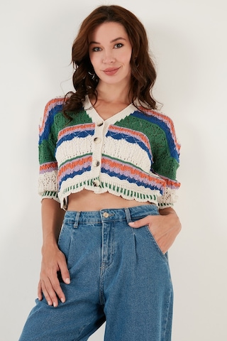 Lela Renkli V Yaka Ajurlu Crop Bayan Hırka 6071583 Ekru-Yeşil