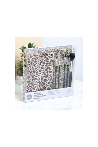 Touch Of Beauty Makyaj Fırça Seti 5li Make-up Brush Seti Çanta Boy & Leopar Desenli Çanta