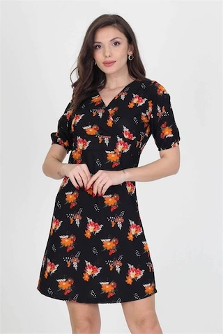 Neşeli Butik Kadın Kruvaze Yaka Çiçek Desenli Örme Krep Mini Elbise Nb10022 Siyah