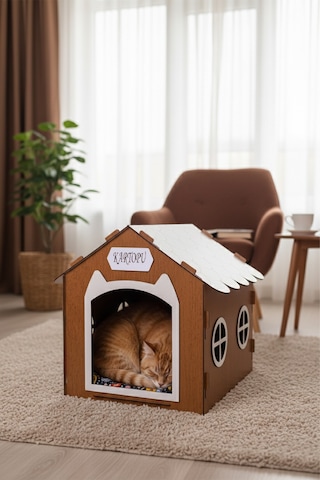 Ahşap Özel İsim Baskılı Dekoratif Kedi Evi-kulübesi, Kediler İçin Kulübe, Kedi Kulübesi Ceviz