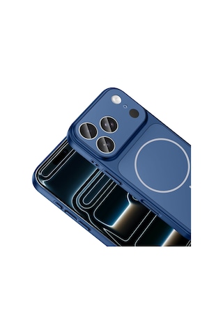 Apple İphone 17 Pro Max Kılıf Şarj Özellikli Kamera Lensli 1.8mm İnce Sert Formen Kapak Mavi