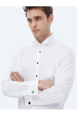 Kip Beyaz Düz Slim Fit Duble Manşet Smokin Gömlek