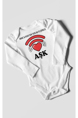 Anne Babanın Yeni Wifi Şifresi Aşk Baskılı Bebek Zıbını Çıtçıtlı Body 8 Renk %100 Pamuk Uzun Kol Beyaz