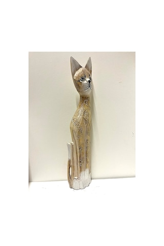 Ahşap Dekoratif Kedi 60 Cm A. Kahve Otantik El Yapımı Biblo