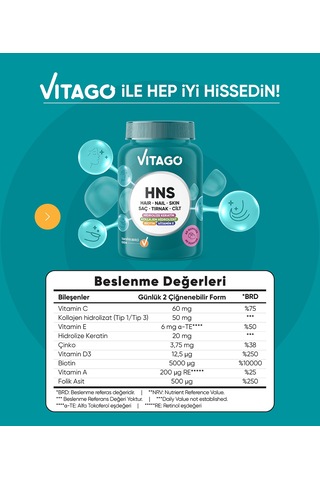 Vitago Hns Hair Nail Skin Biotin, Folik Asit, Vitamin E Ve Hidrolize Keratin İçeren 60 Adet Çiğnenebilir Gummies Form Takviye Edici Gıda
