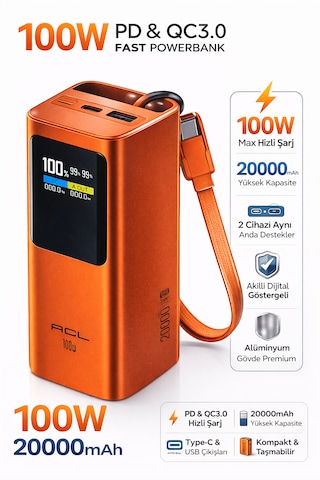 100w Pd Hızlı Şarj Powerbank 20.000mah Type-c Laptop Destekli Taşınabilir Şarj Cihazı, Alüminyum Gövde, Dijital Göstergeli Turuncu
