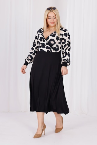 Kadın Vizon Siyah Leopar Desen Bloklu Kruvaze Yaka Balon Kol Büyük Beden Esnek Maxi Elbise Vizon