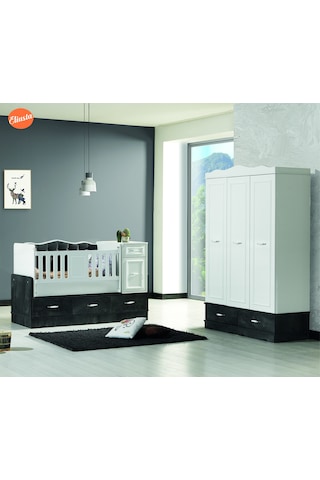 Bebek Odasi Takimi Uzamali Sallanir Beşik 3 Kapili Dolap Gardirop Beyaz  -  Gri