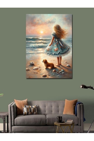 Kanvas Tablo Yavru Köpek Ve Kız Çocuğu 50cmx70cm