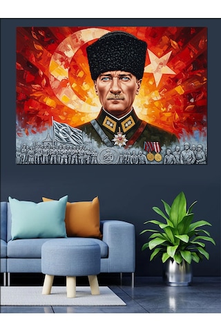 Türk Bayrağı Ve Kalpak Başlıklı Mareşal Mustafa Kemal Atatürk Dekoratif Kanvas - Mdf Ahşap Tablo