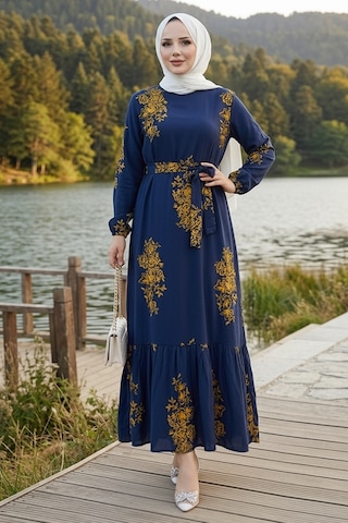 Bestenur Noyra Desenli Viskon Elbise 1722 - Lacivert