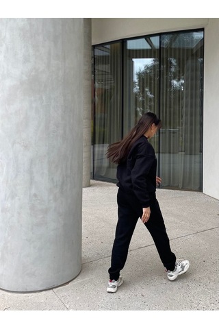 Ellore Australia Eşofman Takımı Sweatshirt Jogger - Siyah Baskılı Oversize Şardonlu Bisiklet Yaka Siyah
