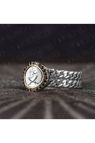 Takılingo 925 Ayar Gümüş Zirkon Taş Zülfikar İşlemeli Alyans Erkek Yüzük Gümüş