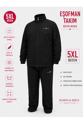 Büyük Beden Dik Yaka Fermuarlı Beli Lastikli İpli Cep Detayli Paraşüt Kumaş Erkek Eşofman Takımı Siyah