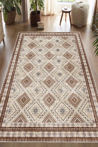 Dijital Baskılı Kilim Desen Dekoratif Kaymaz Taban Yıkanabilir Halı Yolluk Kahverengi