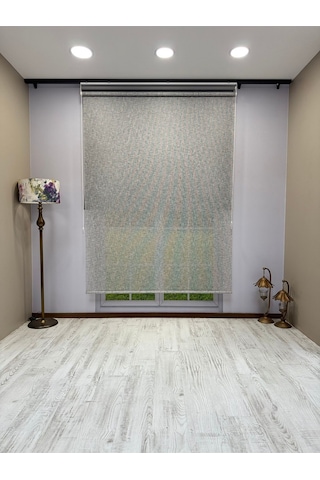Çift Mekanizmalı Gri Çizgili Desenli Tül Ve Gri Stor Perde - İthal Mat Polyester Gri