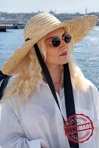 Uniquetrenders Kadın Galata Breeze Model Maxi Boy Kurdeleli Hasır Şapka Geniş Kenarlı Trend Günlük Ve Plaj Şapka Bej