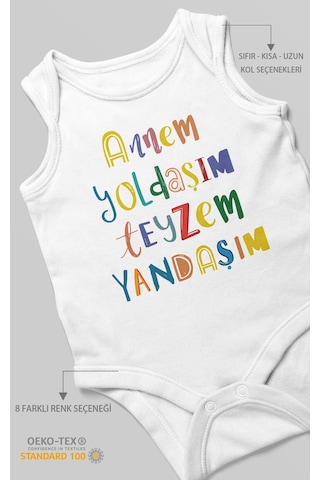 Annem Yoldaşım Teyzem Yandaşım Baskılı Bebek Zıbını Çıtçıtlı Body %100 Pamuk Sıfır Kol Beyaz