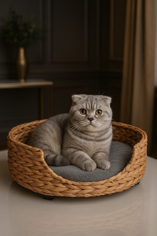 Dekoratif Hasır Kedi Köpek Yatağı Sepet 46x35x36cm