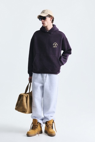 Vamos Boxy Fit Yazılı Kapüşonlu Sweatshirt Mürdüm