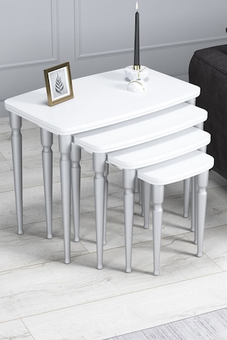 Imaj Mdf Ve Lake Boya, Beyaz 4lü Zigon Sehpa Takımı, Gümüş Gürgen Ayaklar Sehpalar Beyaz Ayaklar Gümüş