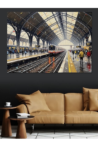 Gar İçinde Bekleyen Modern Tren Dekoratif Kanvas - Mdf Ahşap Tablo