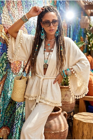 Kalın Denizci Halat Kemerli Ponponlu Geniş İspanyol Flair Kol Doğal Keten Bohem Kaftan Kimono Ekru