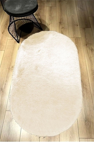 Raschel Carpet Oval Kesme Yolluk Kaymaz Taban Kalın Yumuşak Peluş Halı Özel Taban Krem
