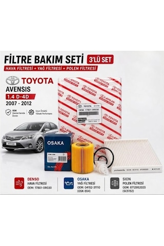 Toyota Avensis 2007-2012 1.4 D-4d Filtre Bakım Seti 3 Lü Hava + Yağ + Polen Filtre Seti Siyah