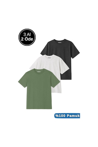 Erkek 3lü Paket Antrasit Melanj-beyaz-yeşil Pamuklu Oversize Tişört Bisiklet Yaka Kısa Kollu T-shirt Yeşil