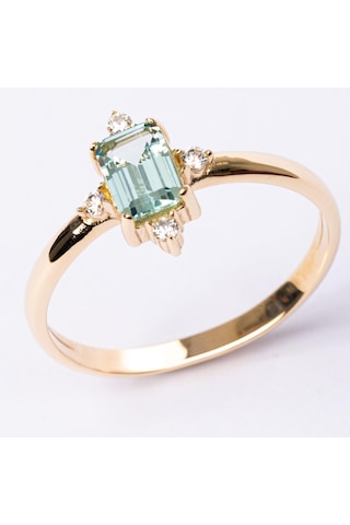 Gümüş Yüzük - Octagon Kesim Su Yeşili Taşlı 0.95 Karat Pırlanta Montürü 925 Ayar Gümüş Yüzük Sarı