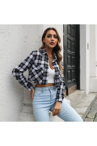 Gmxıa Kadın Modası Günlük Ekose Baskı Uzun Kollu Polo Yaka Bluzlar Ve Gömlekler Kahverengi