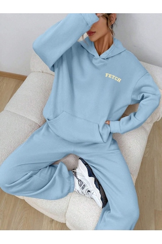 Fetch Eşofman Takımı Sweatshirt Jogger - Bebe Mavisi Baskılı Oversize Şardonlu Kapüşonlu Bej