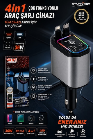 66w 4 Ü 1 Arada Starry Sky Araç Şarj Cihazı Geri Çekilebilir Type-c & Lightning Kablo, Usb-a, Pd 3.0 Hızlı Şarj, Rgb Led Yıldız Tavan Projektörü, 12v-24v Uyumlu Çoklu Şarj Adaptörü