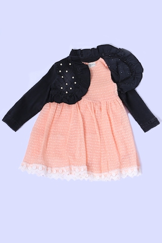 Kız Çocuk Kot Ceketli Elbise Fırfırlı Dantelli Taş İşlemeli F19 Yavruağzı