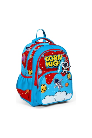 Coral High Üç Bölmeli İlkokul Okul Çantası - Erkek Çocuk - Kırmızı Mavi Astronot Baskılı - 33245 Çok Renkli